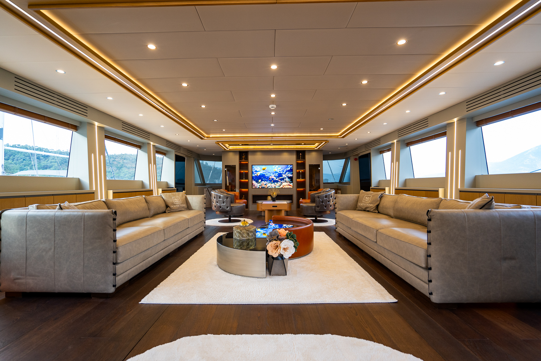 Sofas in the lounge onboard the North Wind yacht in Turkey