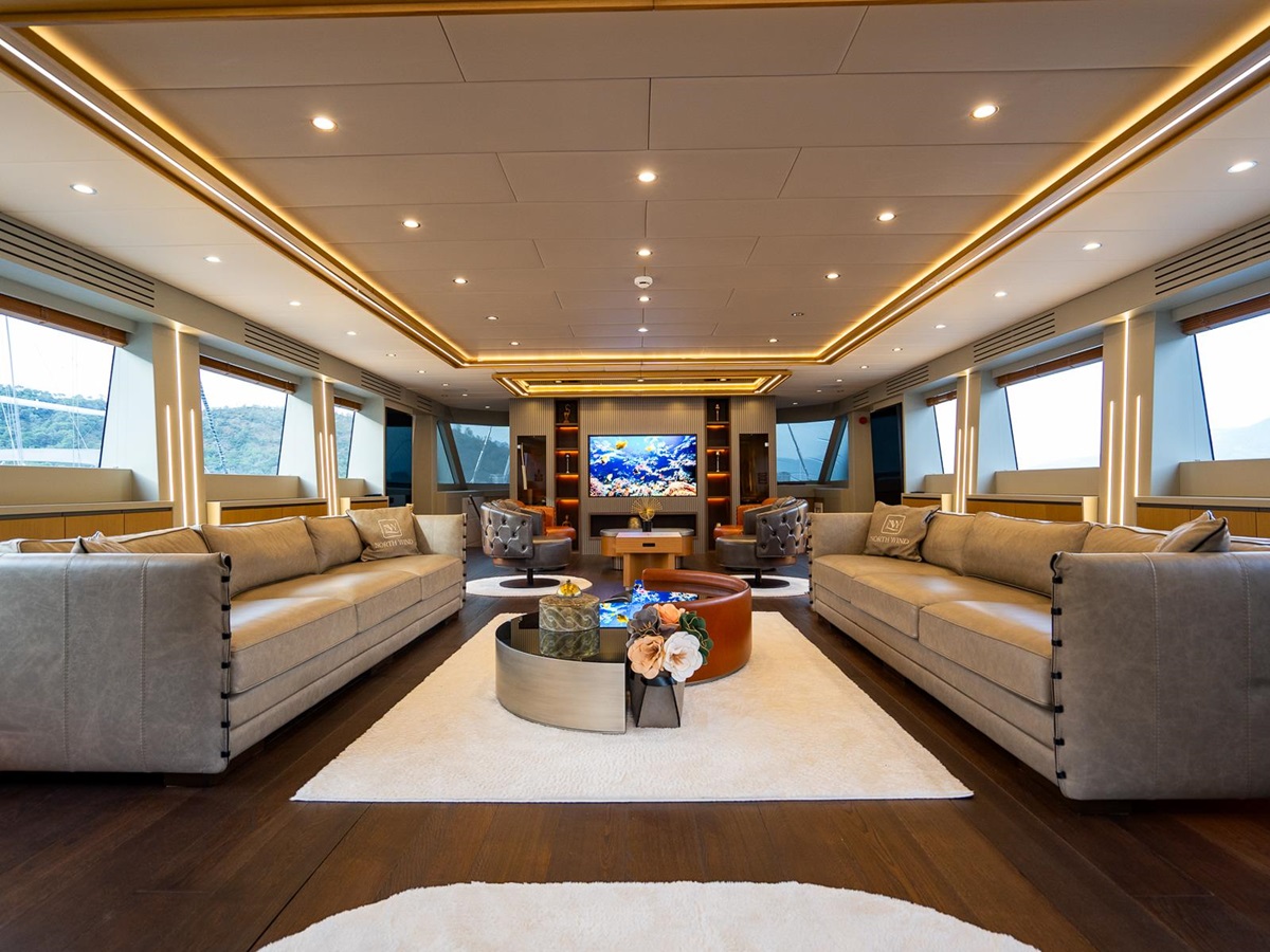Sofas in the lounge onboard the North Wind yacht in Turkey