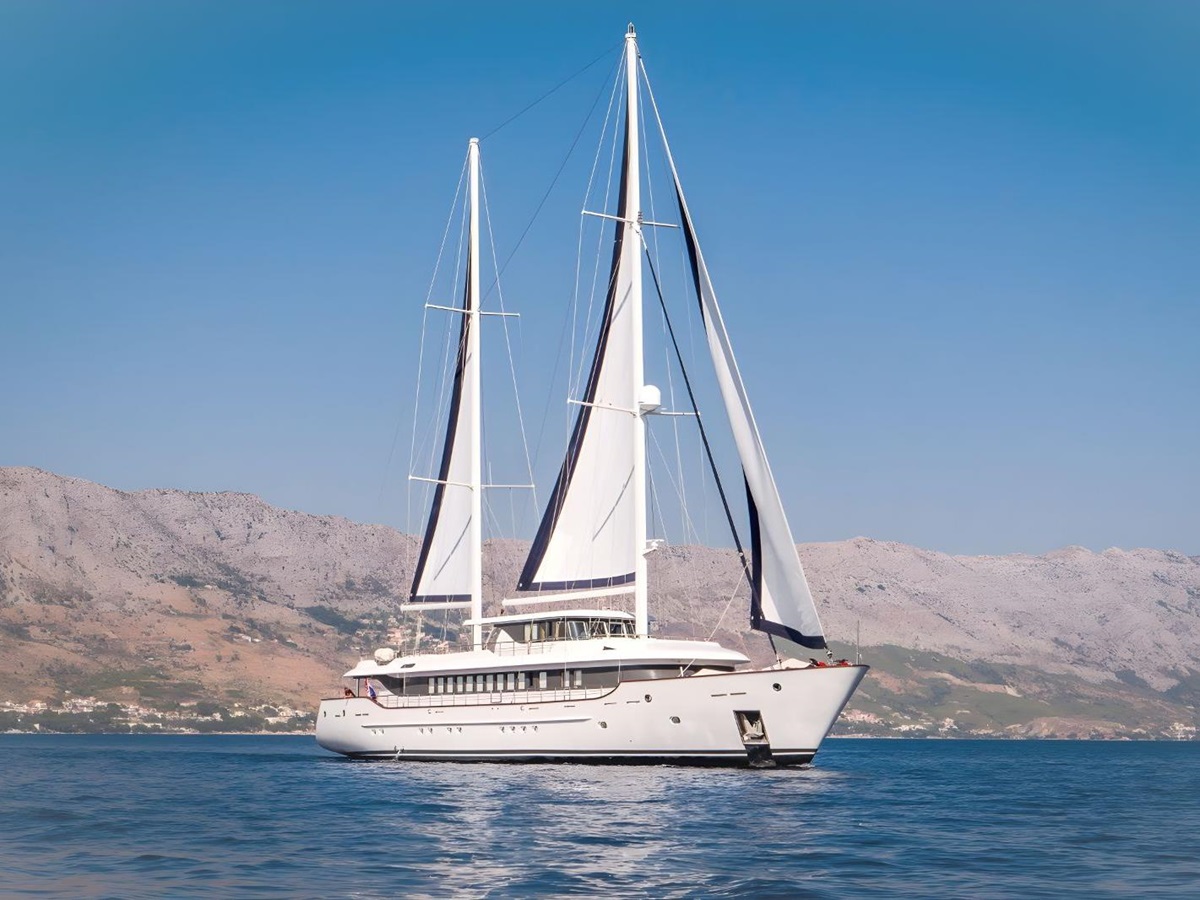 Exterior view of the Omnia gulet with sails up in Croatia