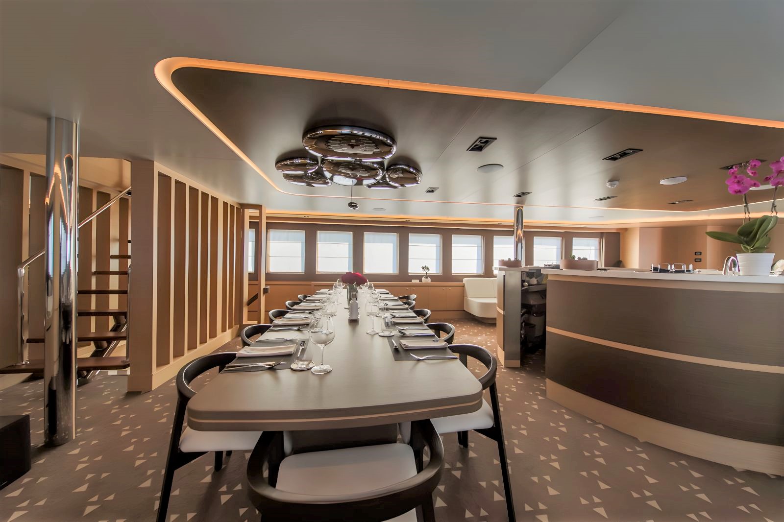 Indoor dining table onboard the Omnia gulet in Croatia