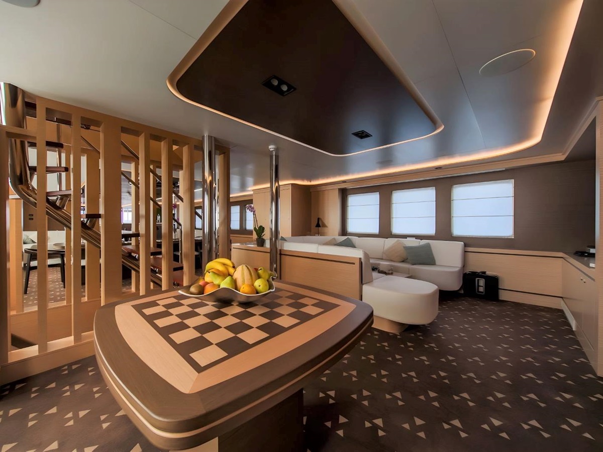 Indoor lounge area onboard the Omnia gulet in Croatia