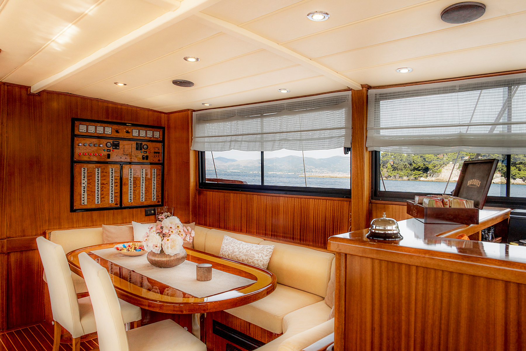 Indoor dining table onboard the Pacha luxury gulet in Croatia