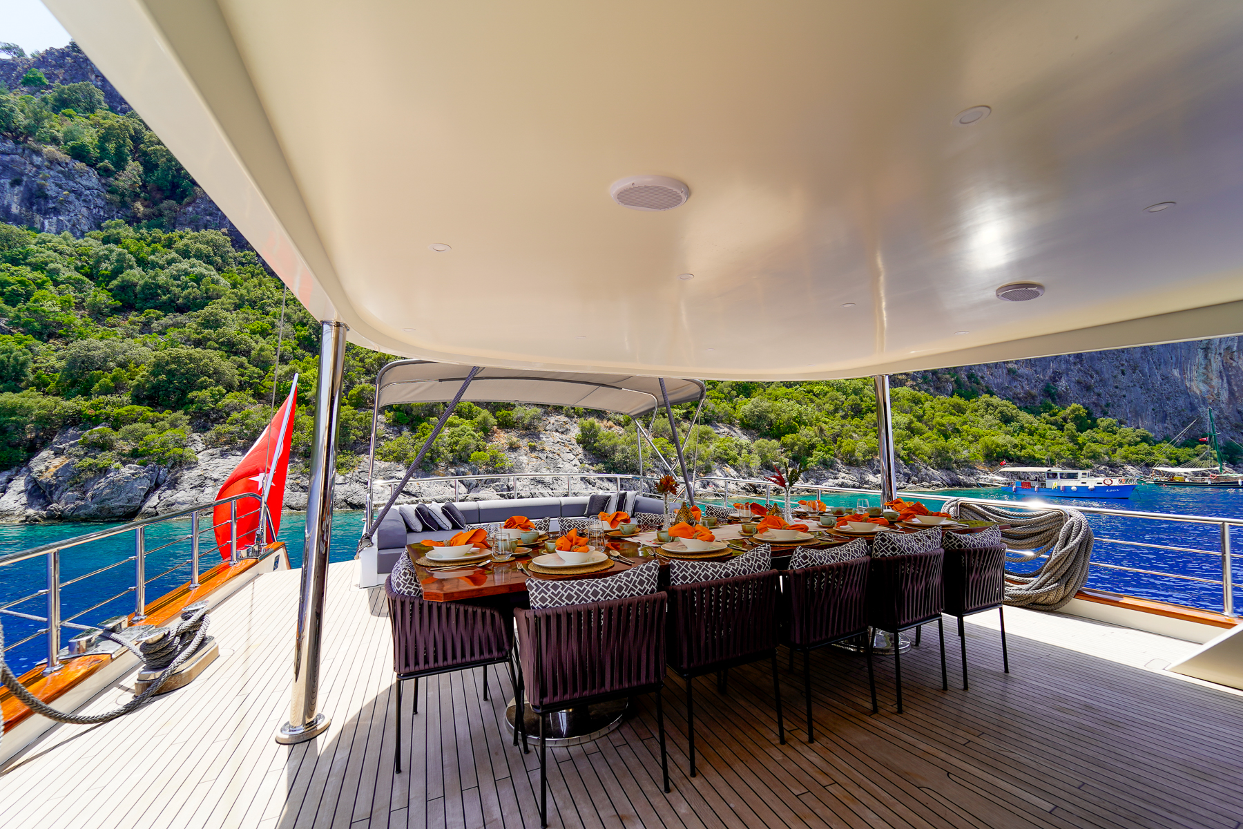 Alfresco dining table onboard the Queen of Makri luxury motor sailer in Turkey