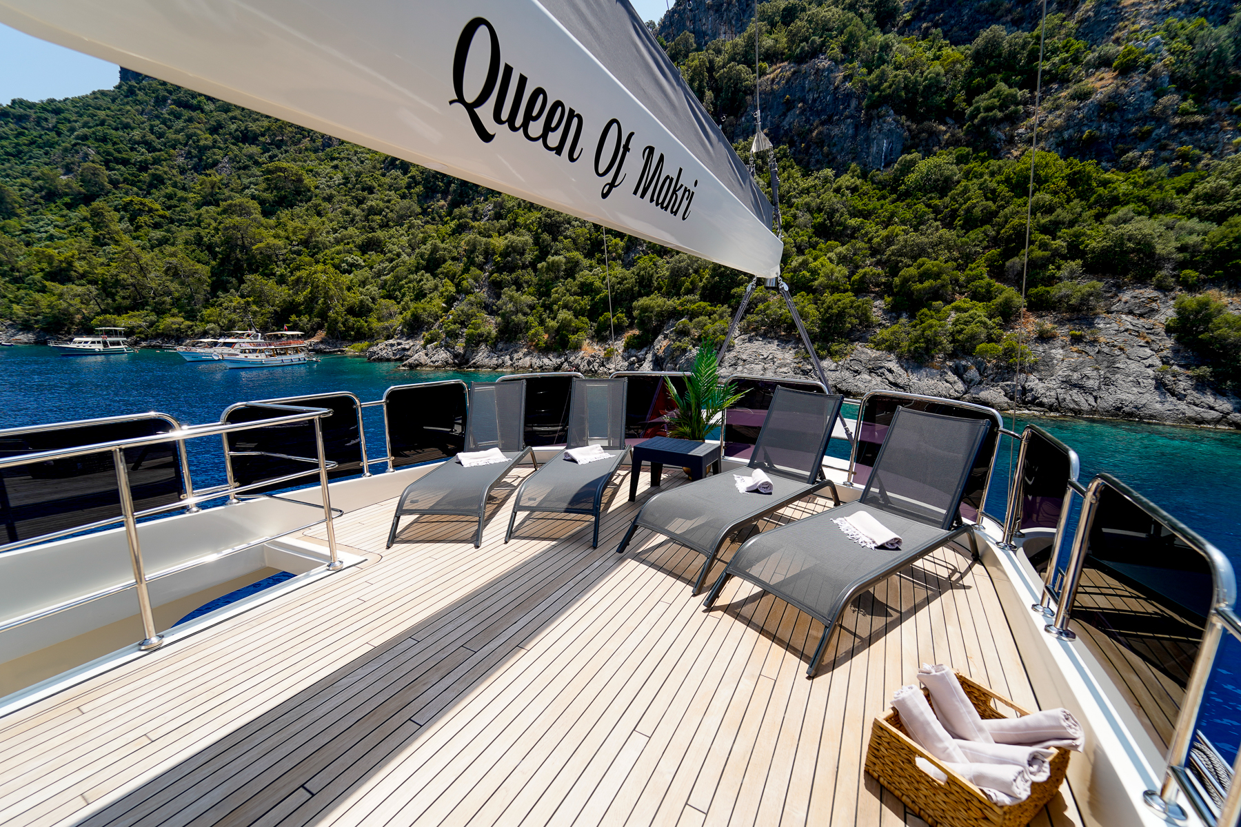 Loungers on the deck of the Qyeen of Makri luxury motor sailer in Turkey