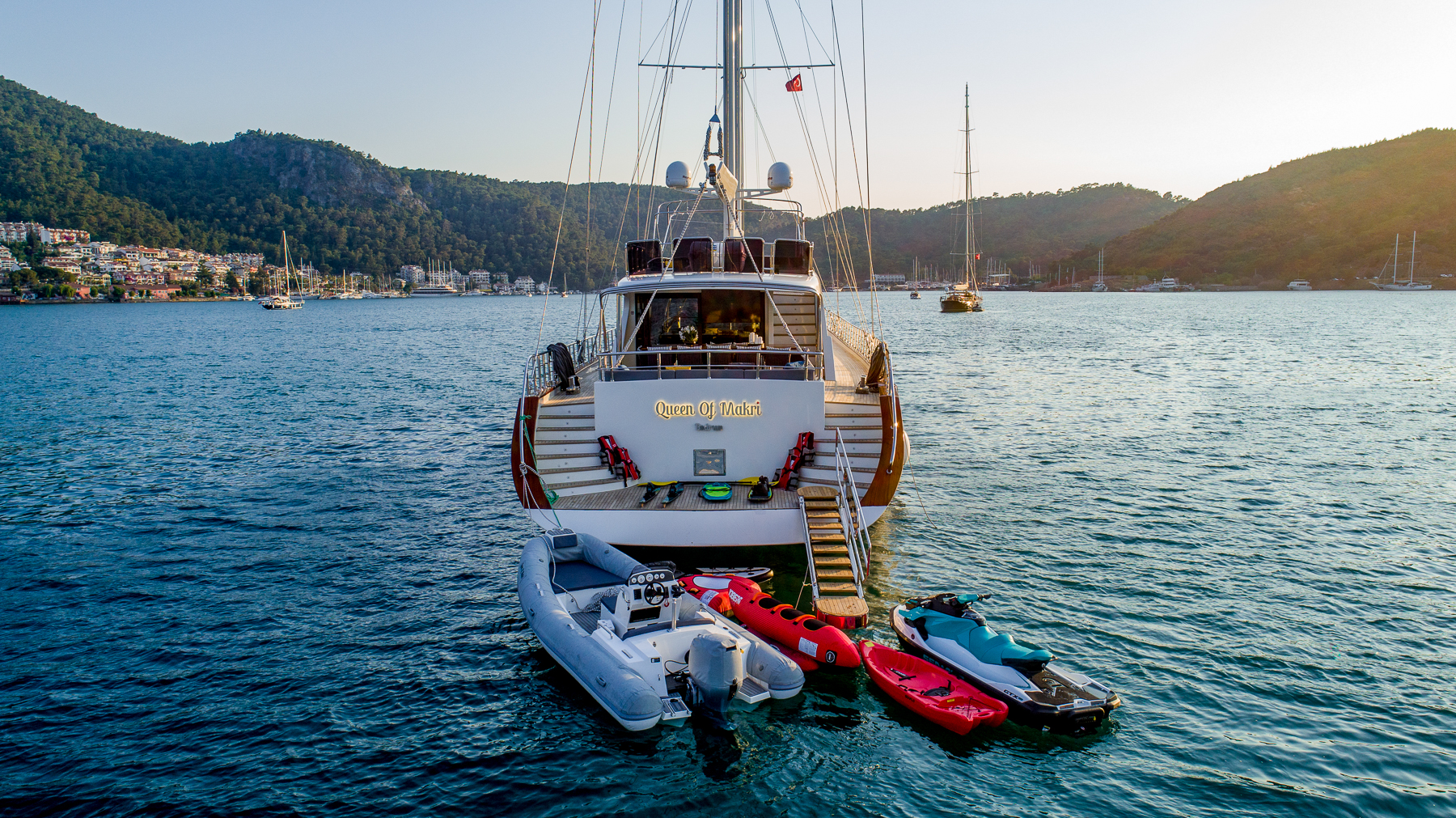 Water toys on the swimming platform of the Queen of Makri luxury motor sailer in Turkey
