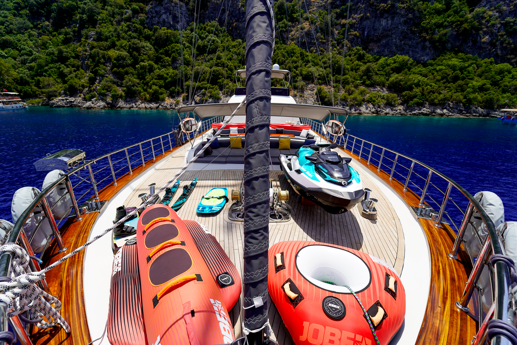 Water toys on the deck of the Queen of Makri luxury motor sailer in Turkey