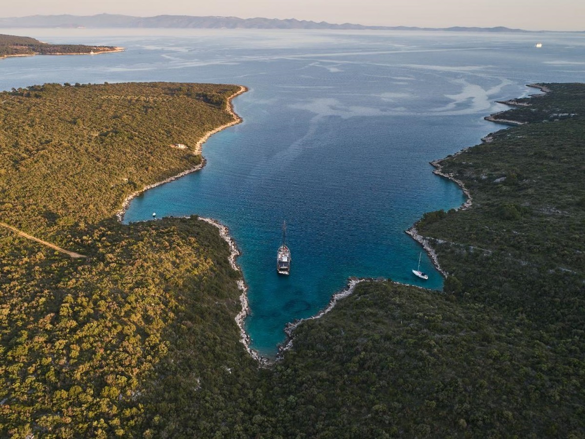 Aerial view of Rara Avis gulet at bay in Croatia