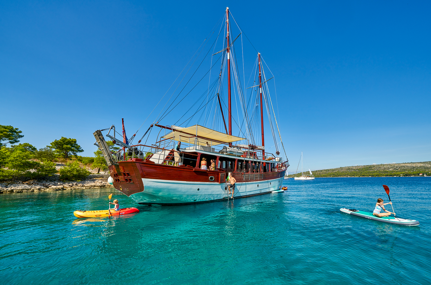 Guests of the Romanca luxury motor sailer using the selection of water toys