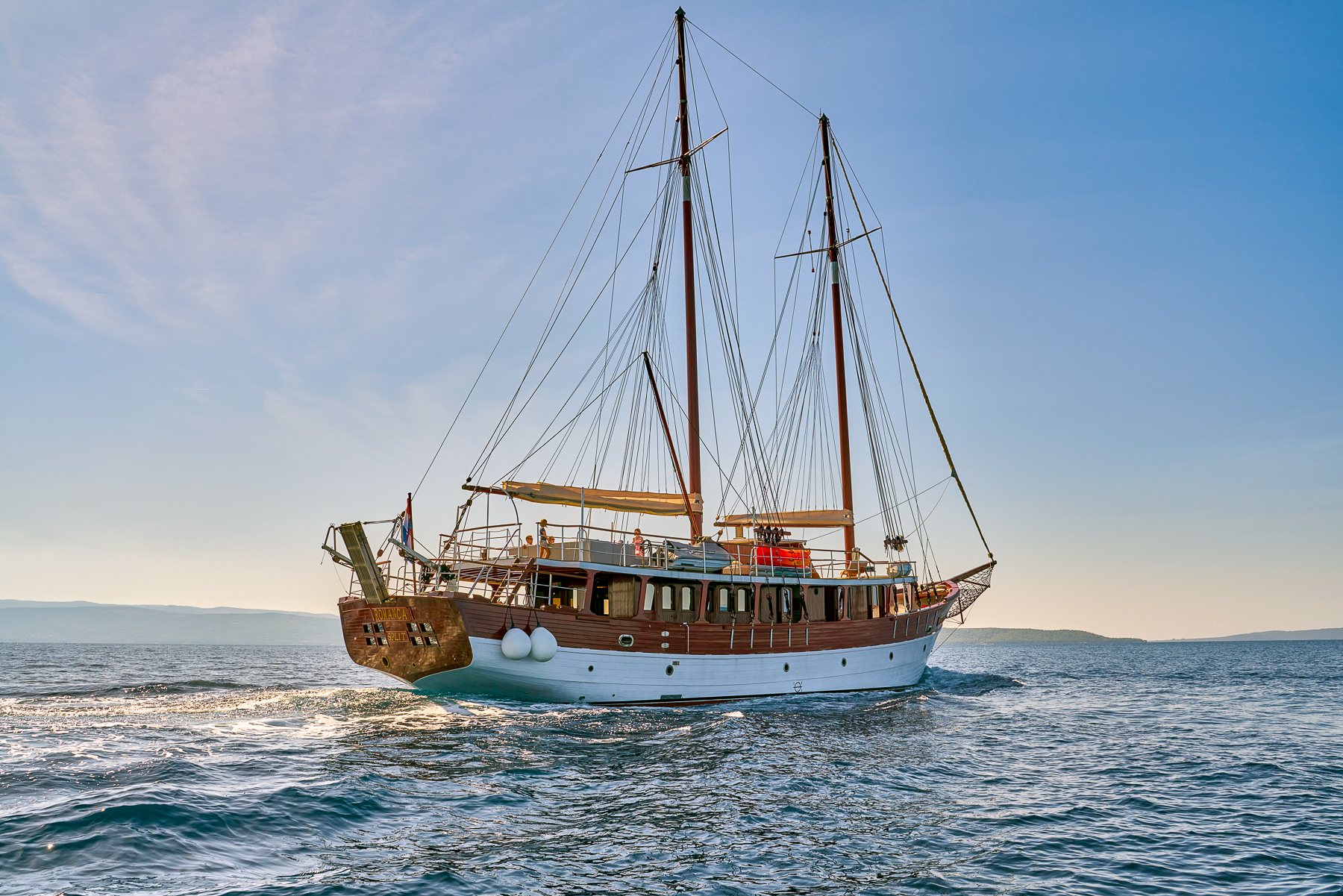 Exterior view of the Romanca luxury motor sailer cruising on the Aegean