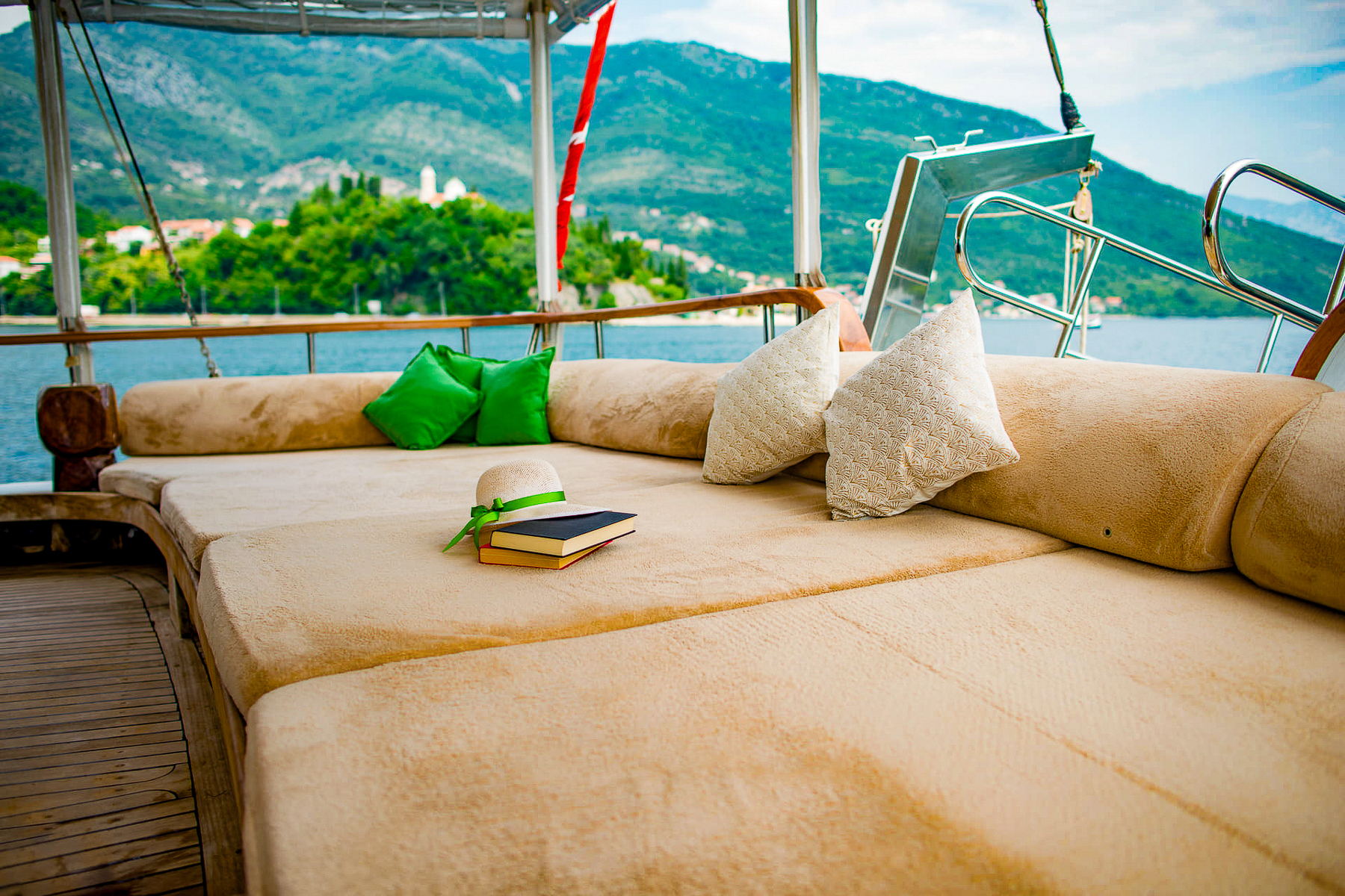 Alfresco sofa and seating area onboard the Sadri Usta I in Montenegro
