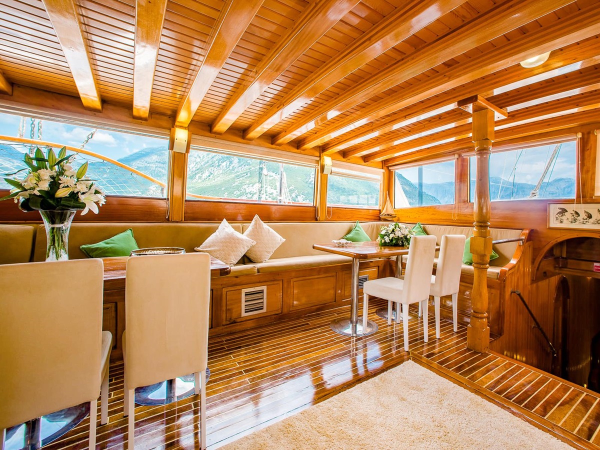 Indoor lounge onboard the Sadri Usta I luxury gulet in Montenegro