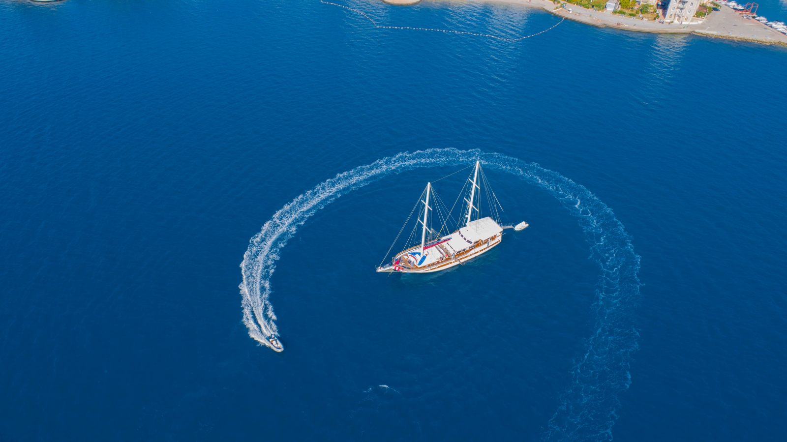 Aerial shot of luxury gulet Sadri Usta with speedboat