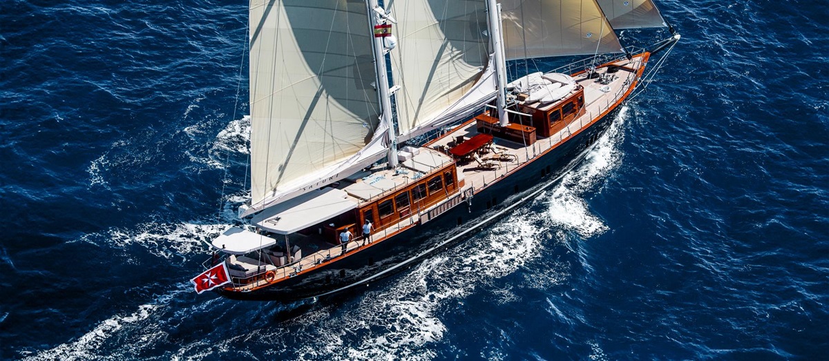 Exterior view of the Satori luxury sailing yacht in Italy