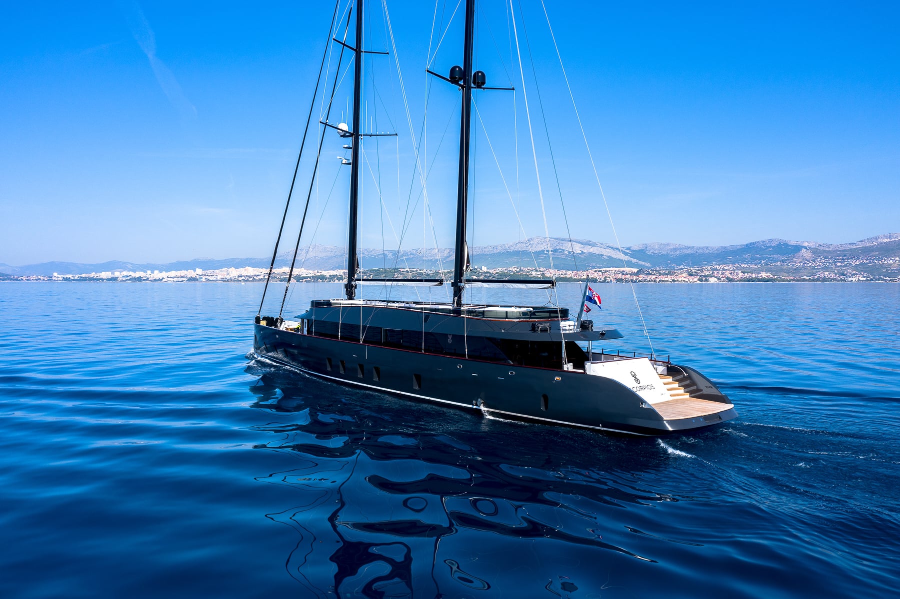 Exterior view of the aft deck on the Scorpios motor sailer in Croatia