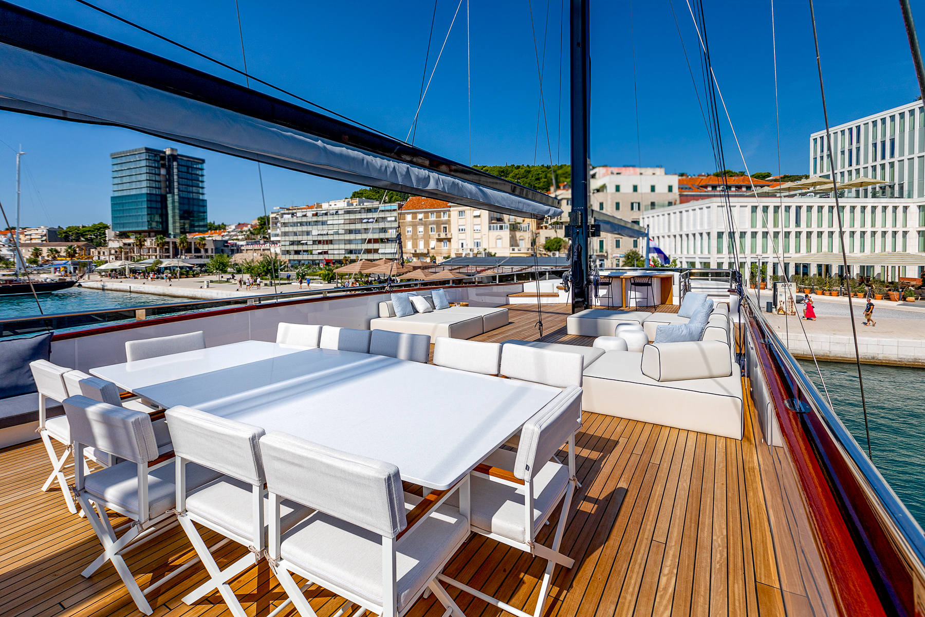 Alfresco dining table onboard the Scorpios luxury motor sailer in Croatia