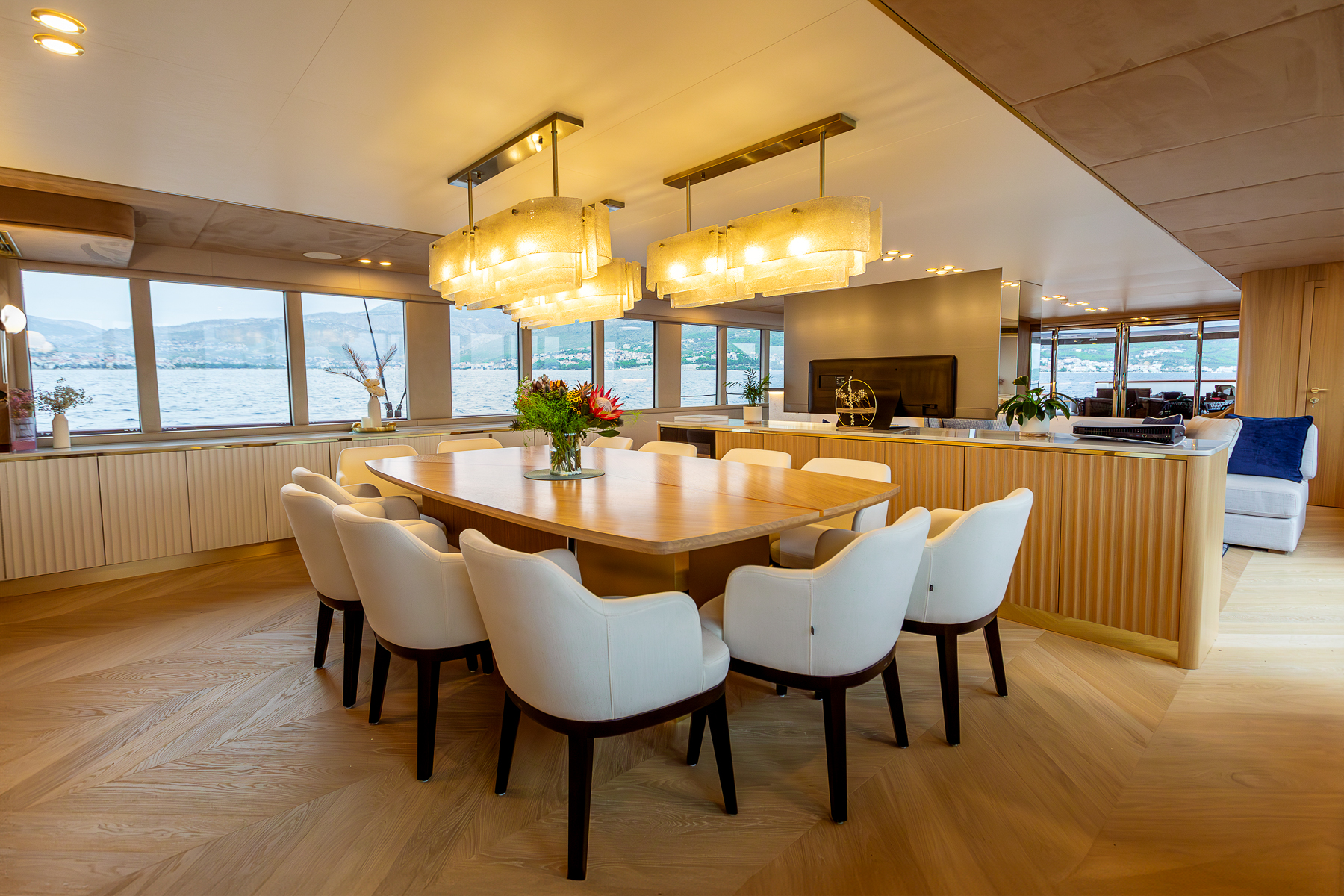 Dining table in the saloon onboard the Scorpios luxury motor sailer in Croatia