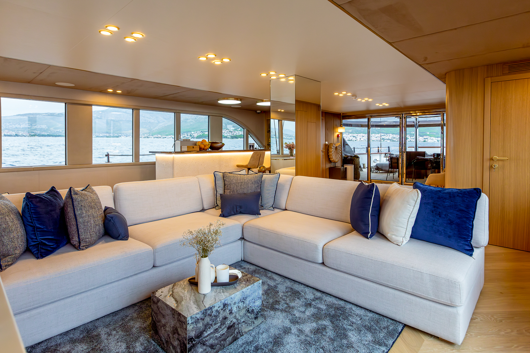 Indoor lounge onboard the Scorpios luxury motor sailer in Croatia
