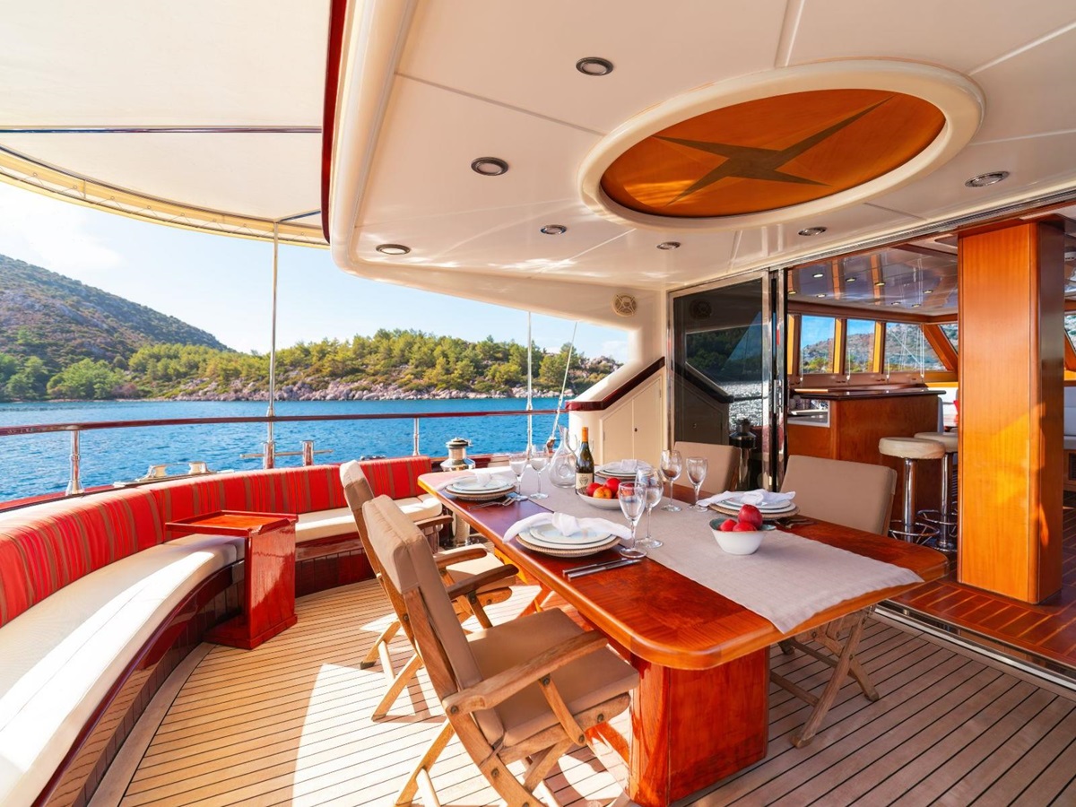 Alfresco dining onboard the Serenity 86 luxury gulet in Turkey
