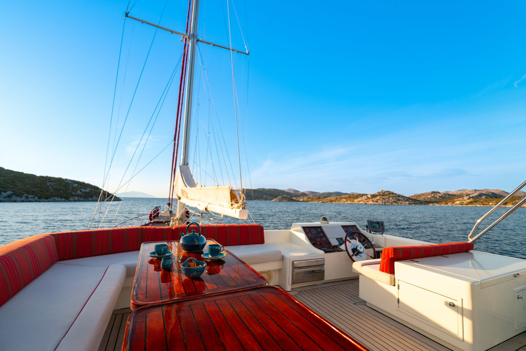 Outdoor lounge onboard the Serenity 86 luxury gulet in Turkey