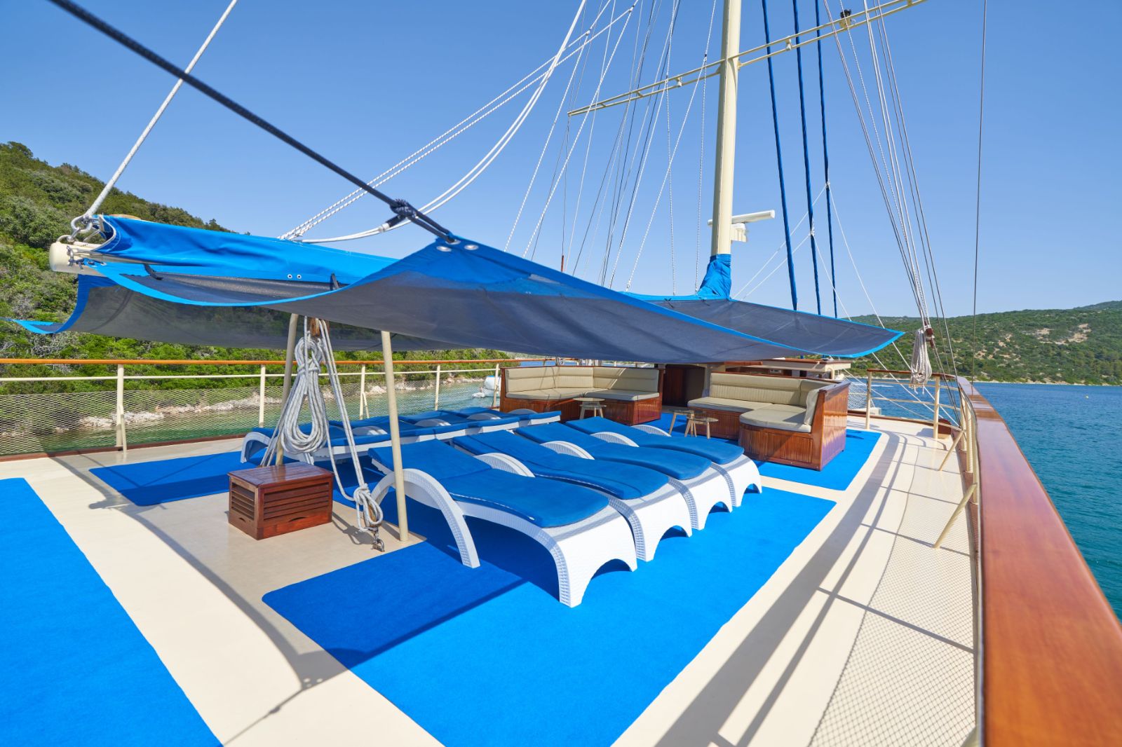 Loungers on the upper deck of the Tajna Mora gulet in Croatia