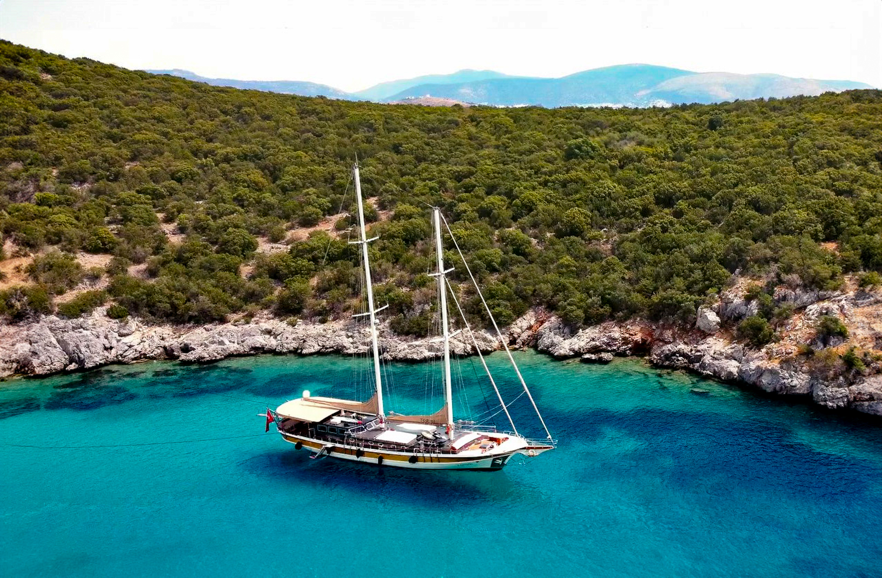 Aerial view of the Torini luxury gulet in Turkey