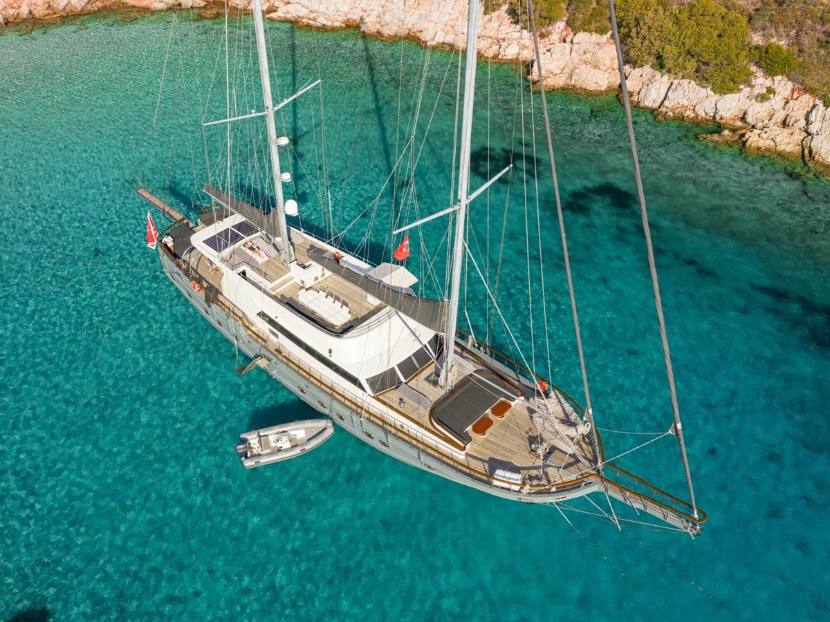 Aerial view of the deck of the luxury gulet Virtuoso with a speedboat in the turquoise waters of the Greek Mediterranean Sea