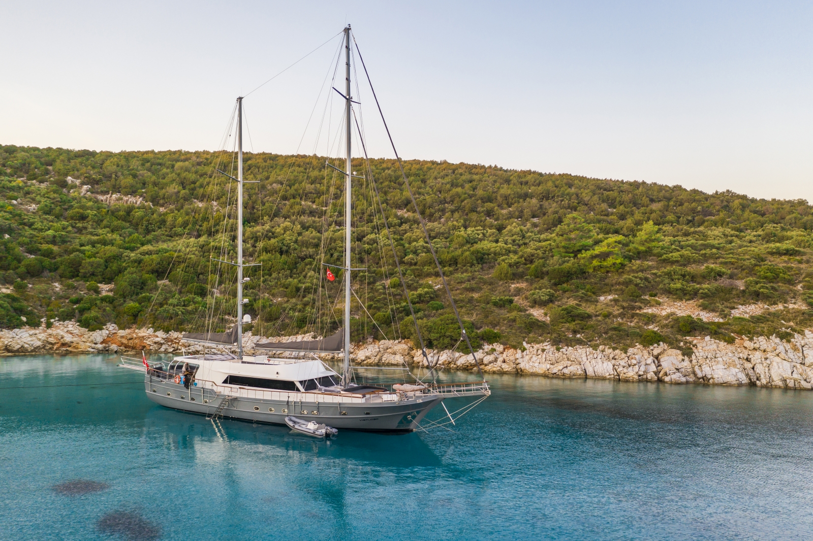 Exterior shot of the luxury gulet Virtuoso anchored off the Greek coast