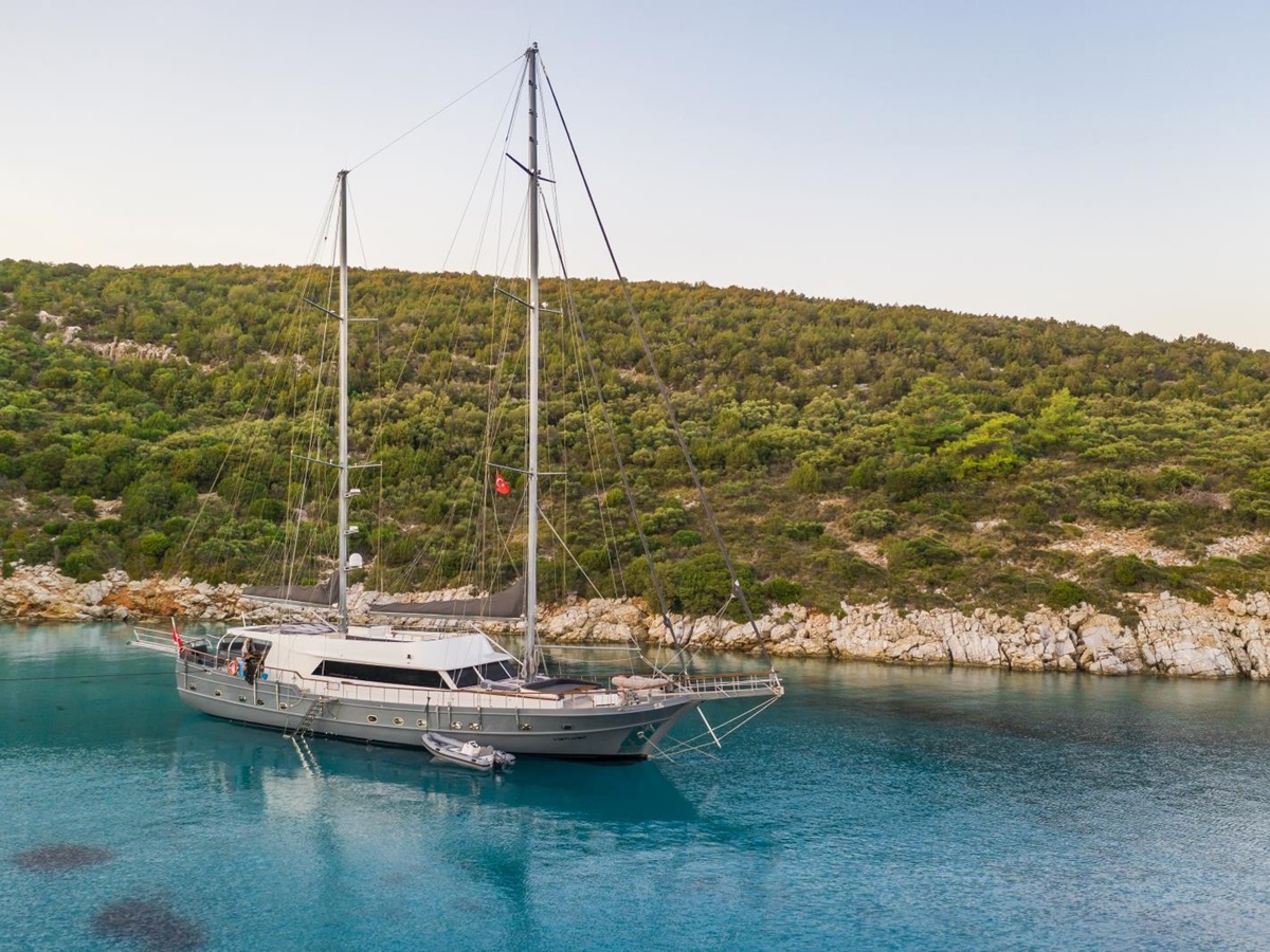 Exterior shot of the luxury gulet Virtuoso anchored off the Greek coast