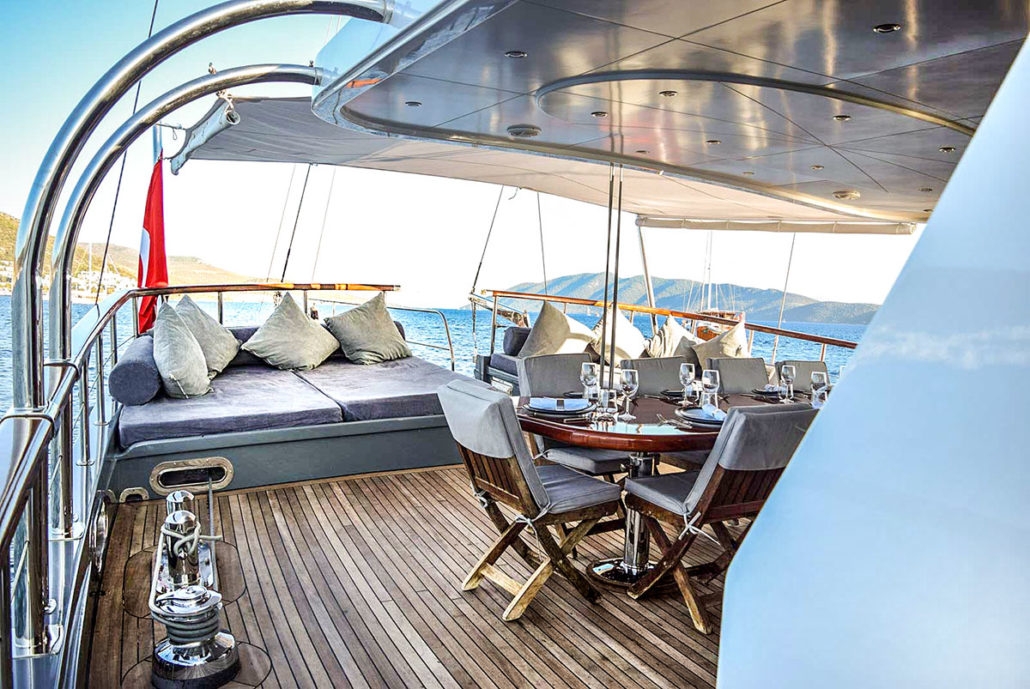 Shaded Seating and dining area on a lower deck of the luxury gulet Virtuoso
