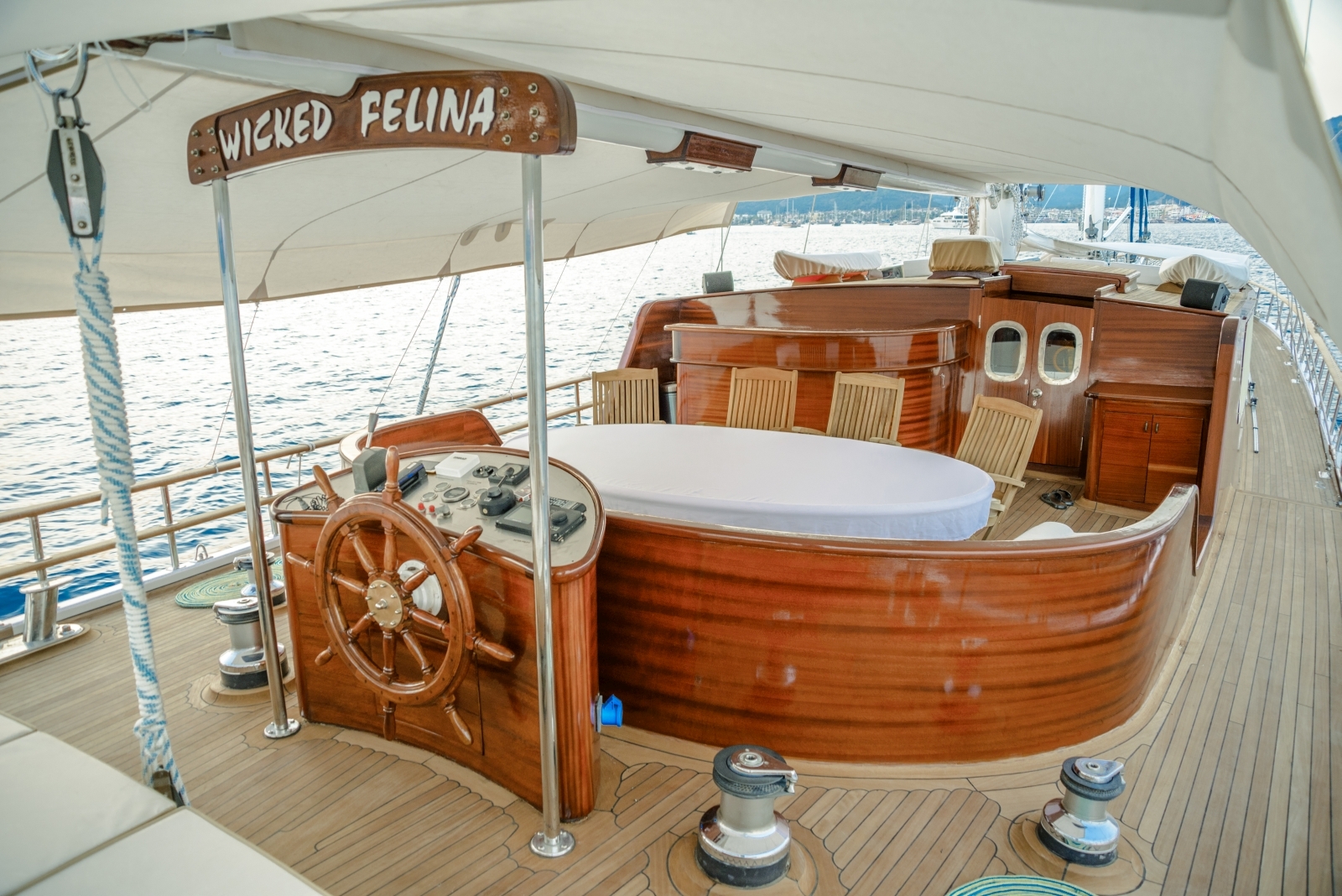Dining area on board Wicked Felina in Turkey