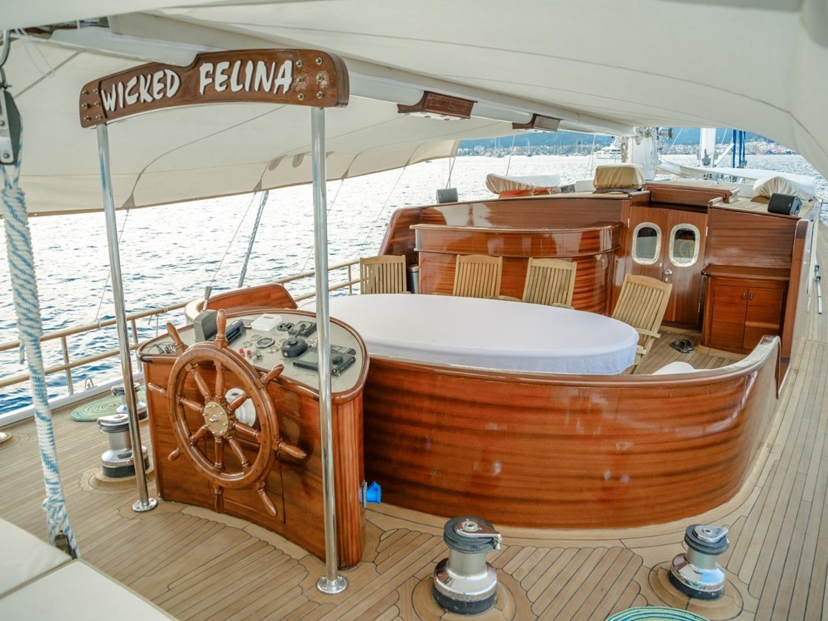 Dining area on board Wicked Felina in Turkey