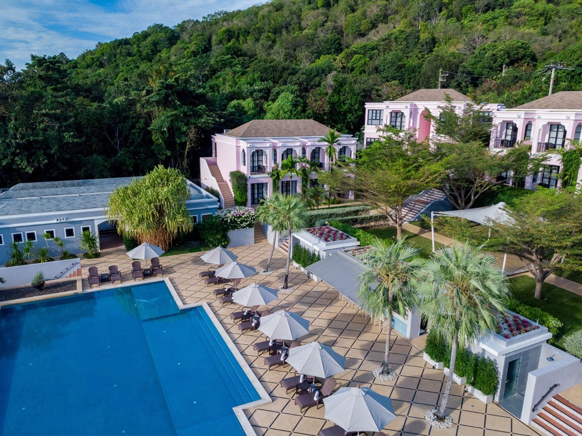Aerial view of Pool, terrace and main building at luxury zen resort Absolute Sanctuary