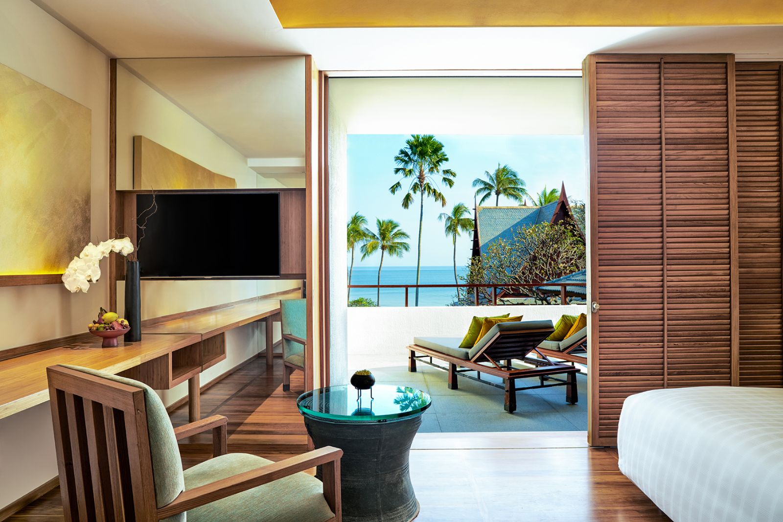 Ocean Premium room living area and balcony with sea view at Luxury resort Chiva Som